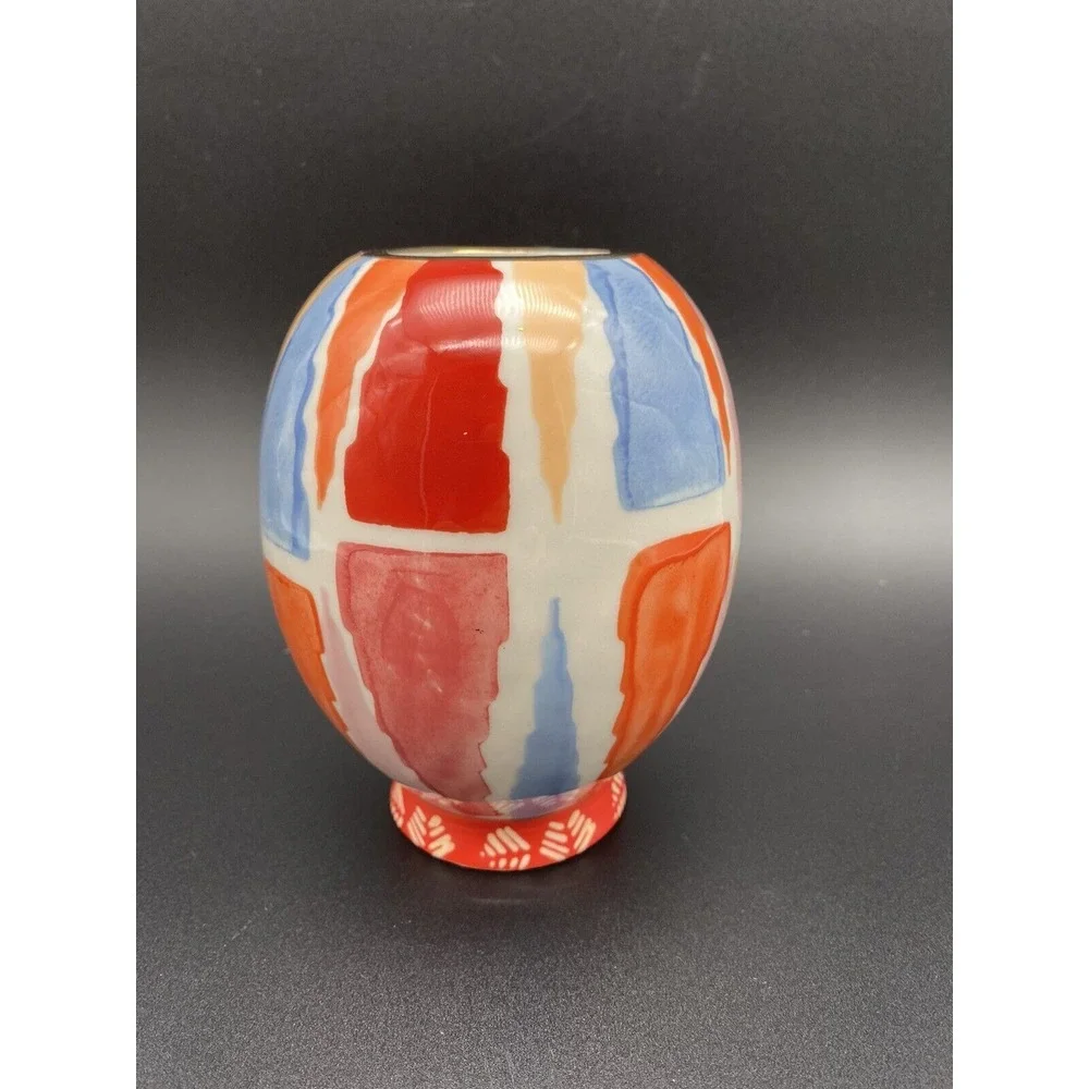 Anthropologie Geometric Pattern Vase With Gold Rim‎ 5